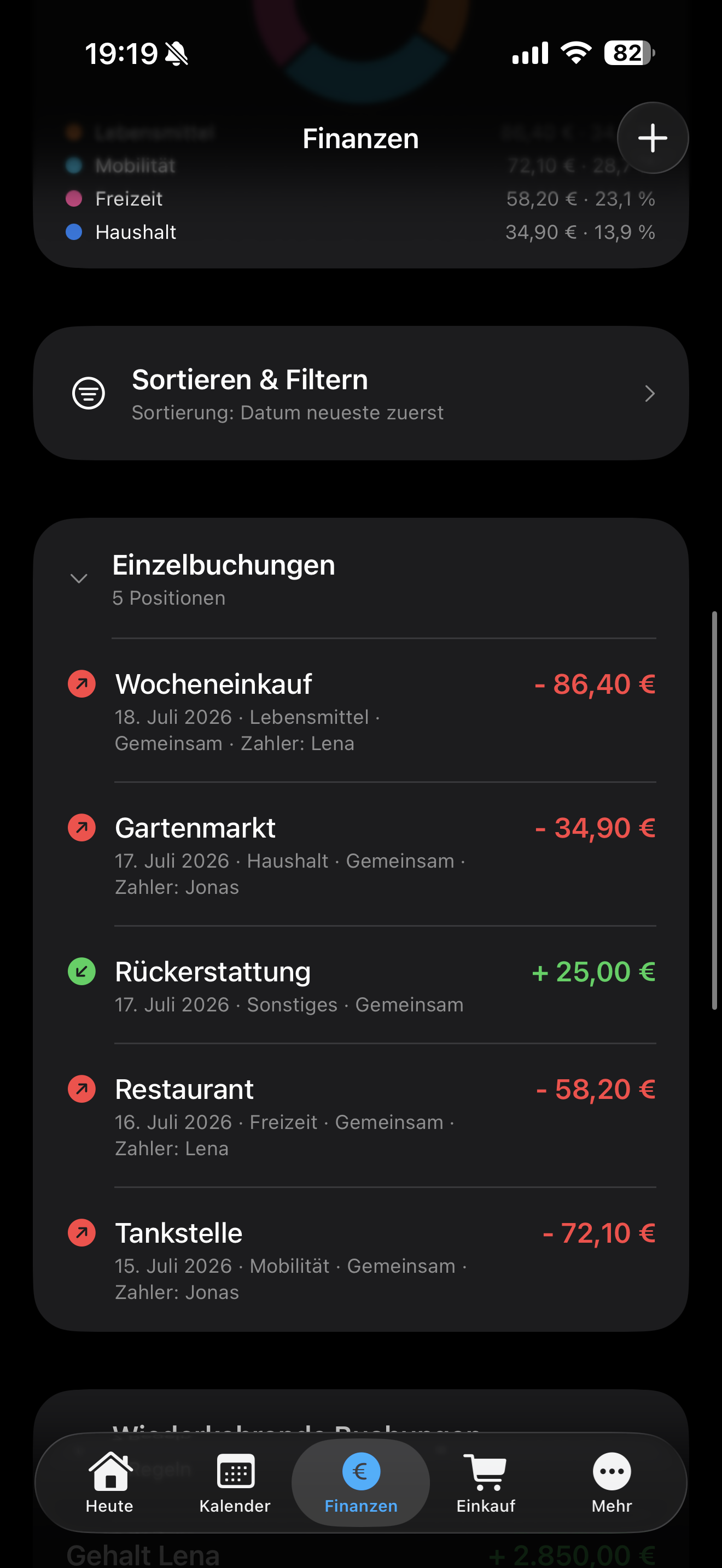 Liste einzelner Einnahmen und Ausgaben in Haushaltsplaner