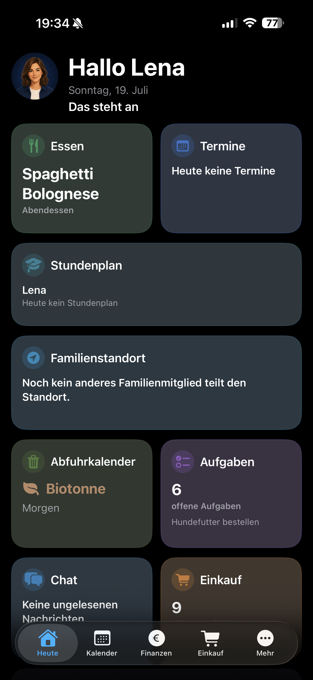 Dashboard der Haushaltsplaner-App mit persönlichen Kacheln für Essen, Termine, Aufgaben und Einkauf