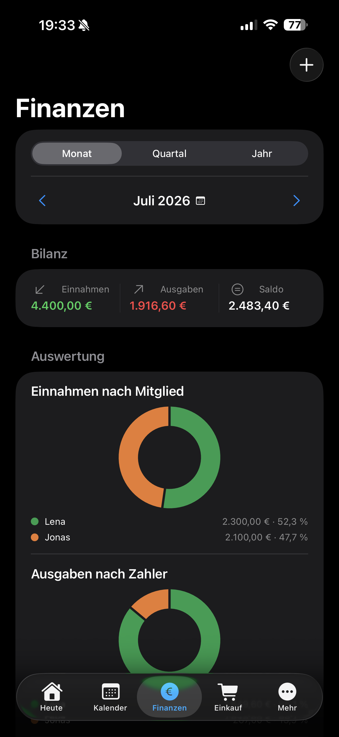Finanzübersicht mit Einnahmen, Ausgaben, Saldo und Auswertungen
