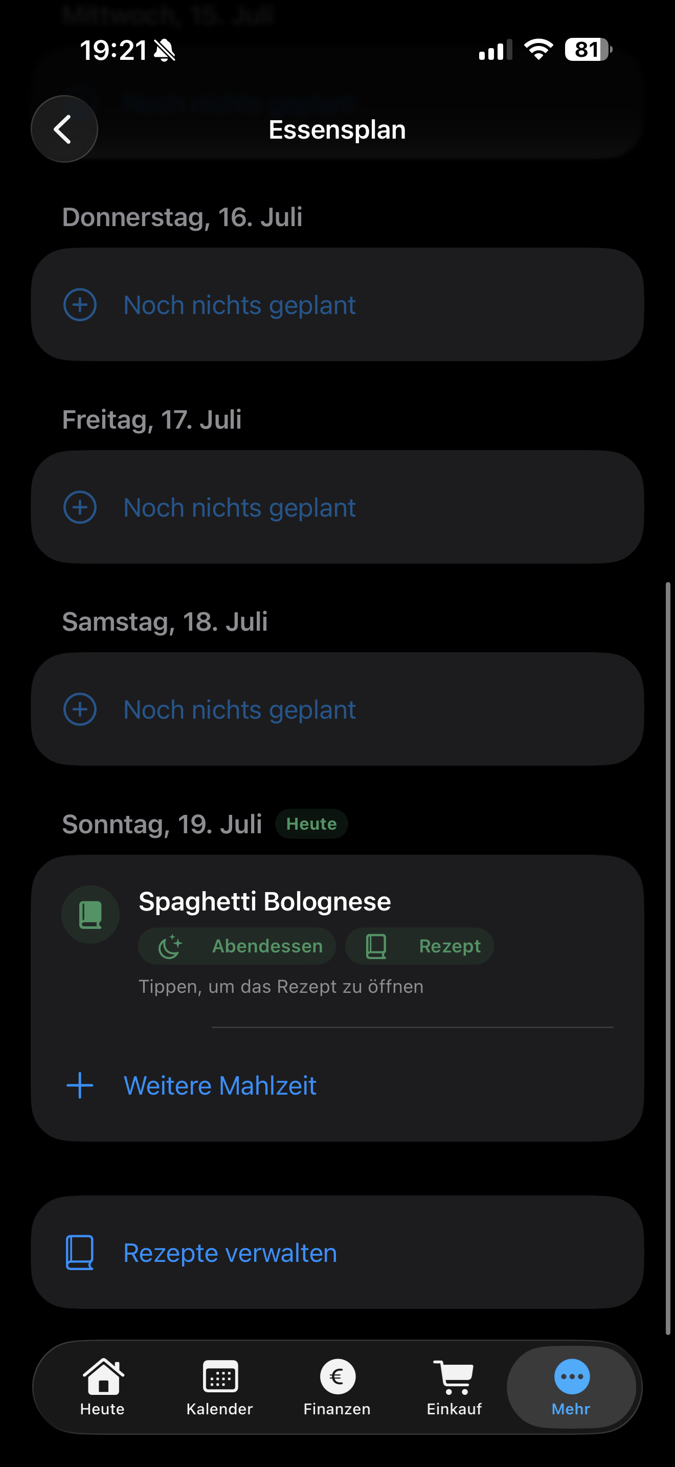 Essensplan mit geplanten Gerichten für die Woche