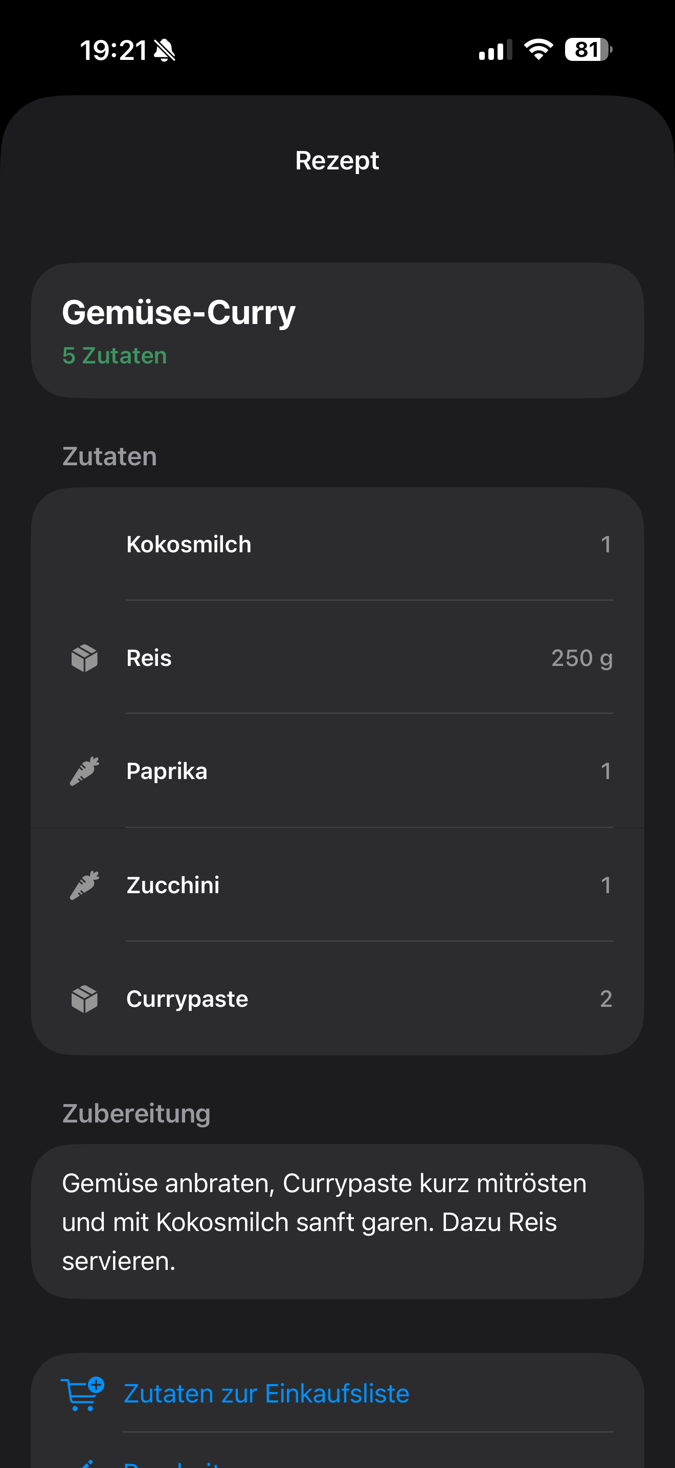 Rezeptdetail mit auswählbaren Zutaten