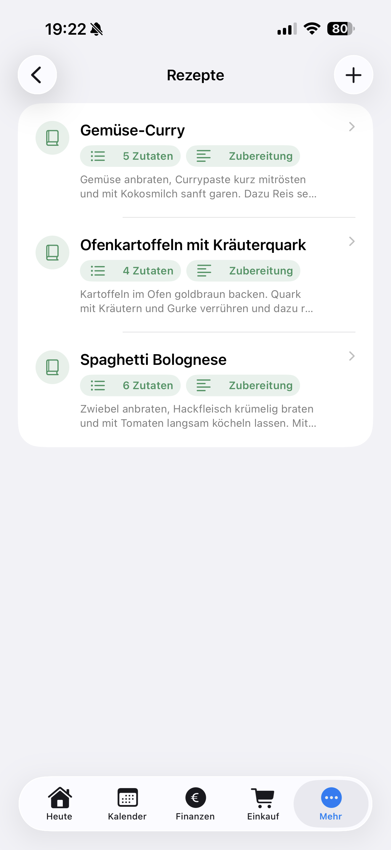 Rezeptübersicht in Haushaltsplaner