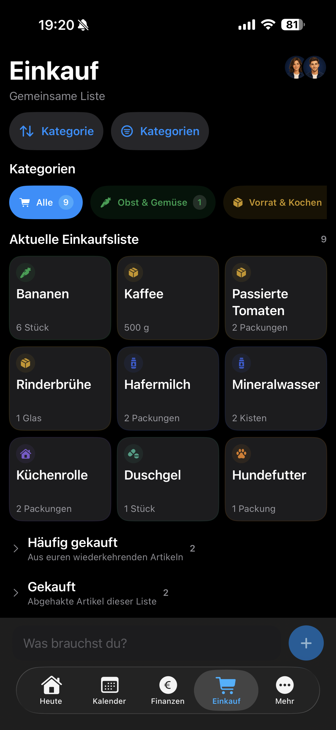 Gemeinsame Einkaufsliste mit Kategorien, häufig gekauften sowie offenen und gekauften Artikeln