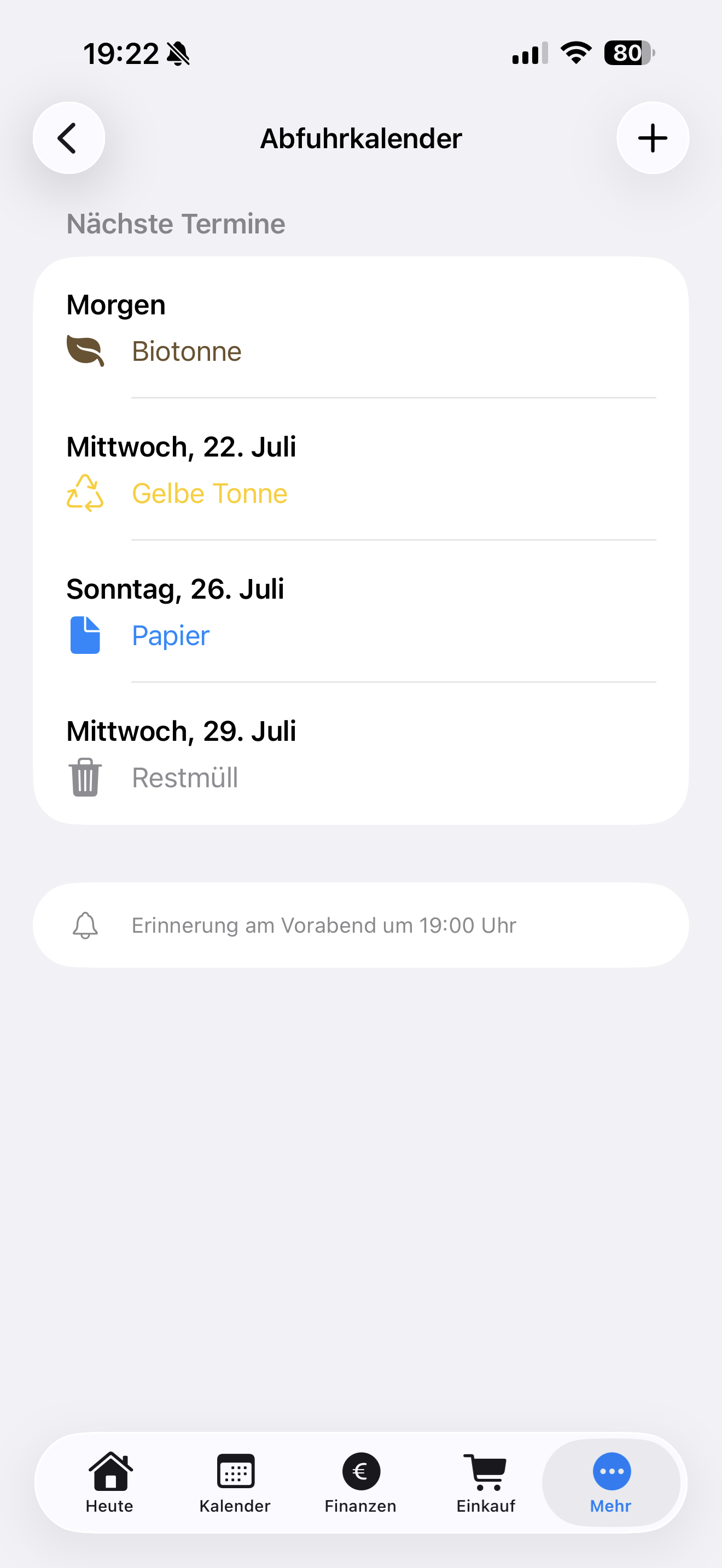 Abfuhrkalender mit verschiedenen Müllarten und Erinnerung